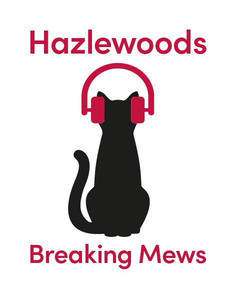 An illustration of black cat sits on a black background facing its back away from the camera. The cat is wearing red headphones. In text above the cat says Hazlewoods. Below, the name of the podcast 'Breaking Mews'