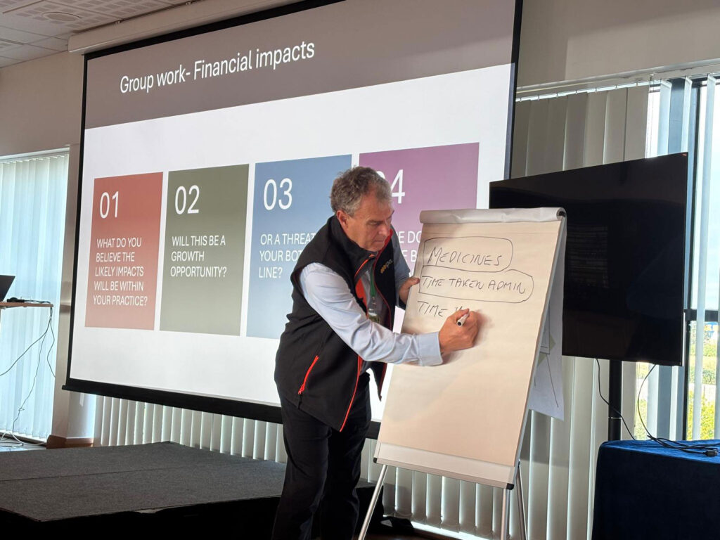 A man stands at the front of an unseen audience. There is a large screen with presentation slides on behind him, but he is drawing on a flipchart board, focused on what he is writing.
