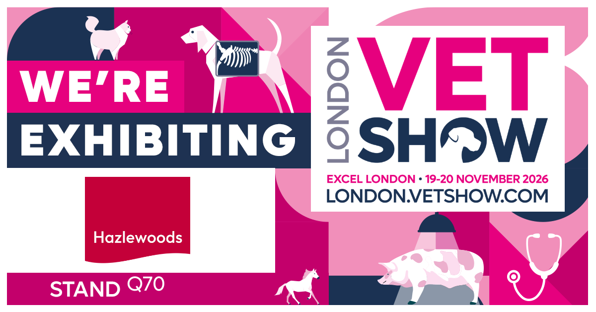 London Vet Show logo with Hazlewoods Logo on a pink animal themed background. The test says "we're exhibiting"