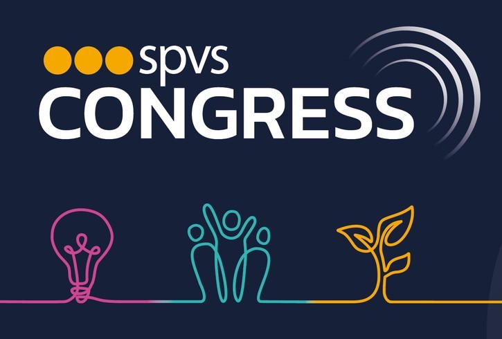 SPVS Congress logo on a dark blue background, with line-art icons of a lightbulb, a group of people and a growing plant representing ideas, people and growth.