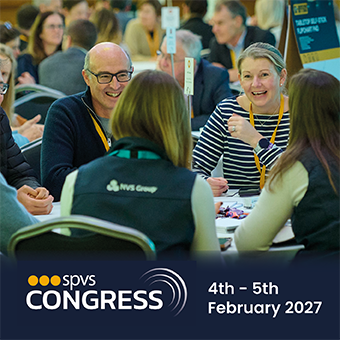 Four people sit at a table in cheerful discussion. Underneath, the SPVS congress logo sits at the bottom left of the image with the date of the congress - 4-5 February.